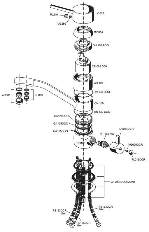 3 Way Tap Long Reach Triflow Drawing